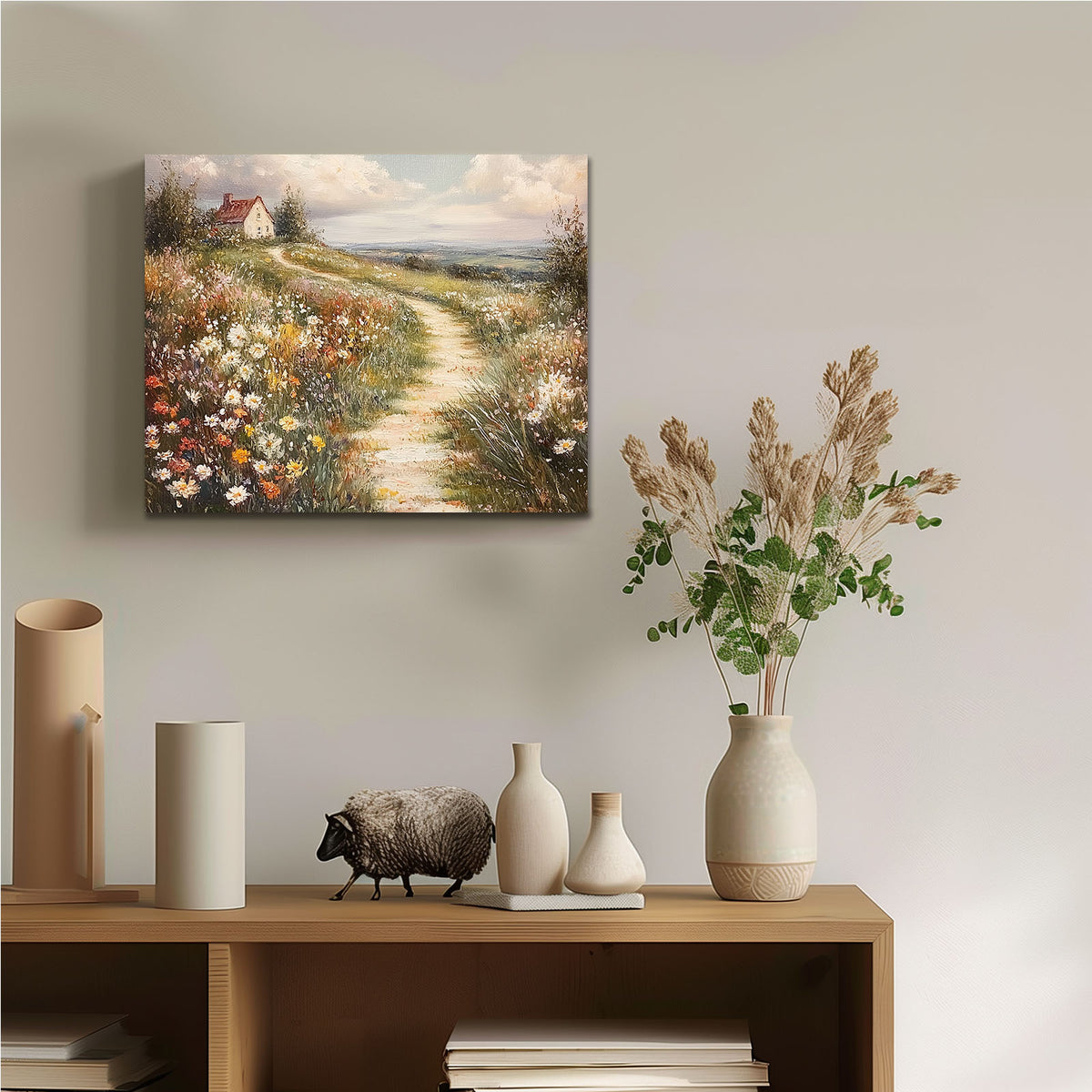 Wildflower Cottage Path Impressionist Countryside Landscape Painting Wall Art