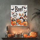 Halloween Boo! Animal Friends Canvas Wall Art – Cute Watercolor Dogs, Bats and Pumpkins Decor