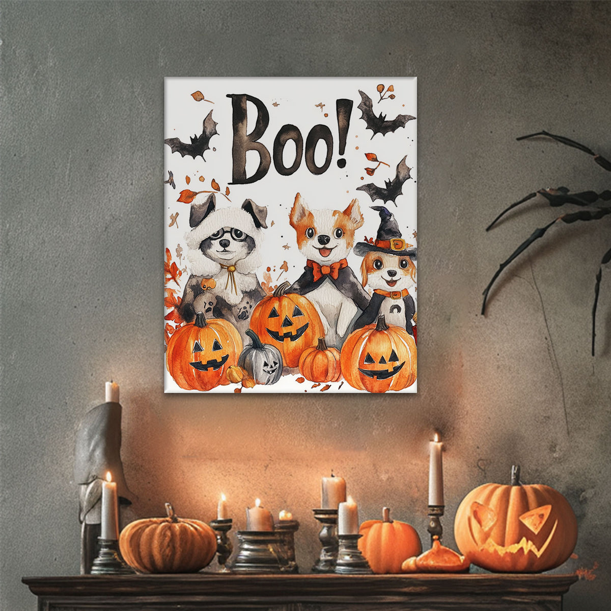 Halloween Boo! Animal Friends Canvas Wall Art – Cute Watercolor Dogs, Bats and Pumpkins Decor