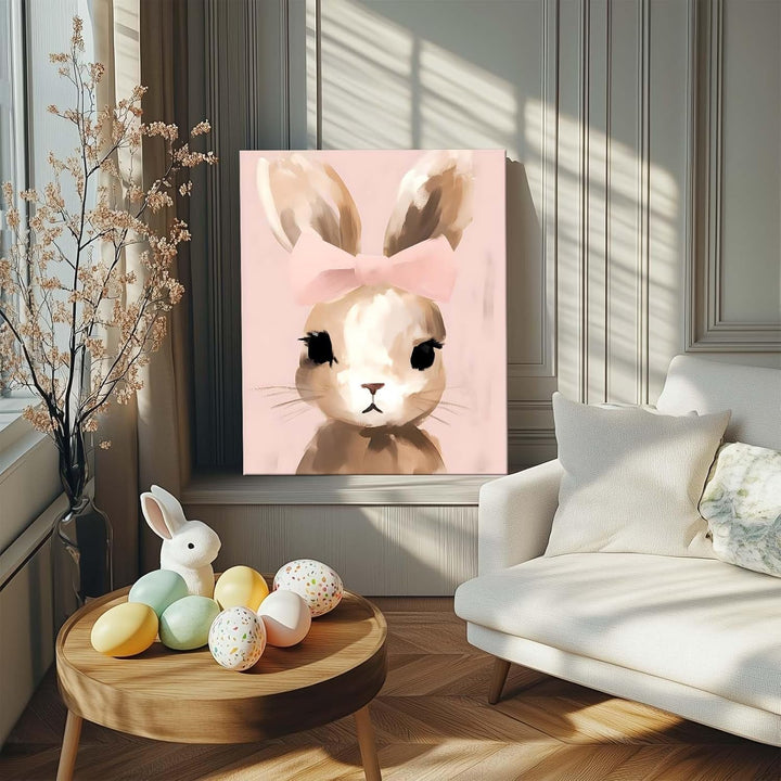 Easter Bunny Canvas Wall Art, Stylish Bunny Pop Home Decor Print Painting Spring Pink Aesthetic Artwork, Rustic Easter Charm Holiday Gift Nursery Living Room Decoration
