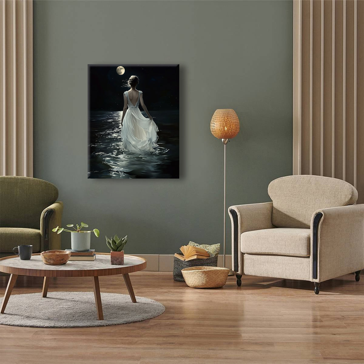 Dreamy Romantic Fantasy Painting Moonlit Woman by the Sea Wall Art
