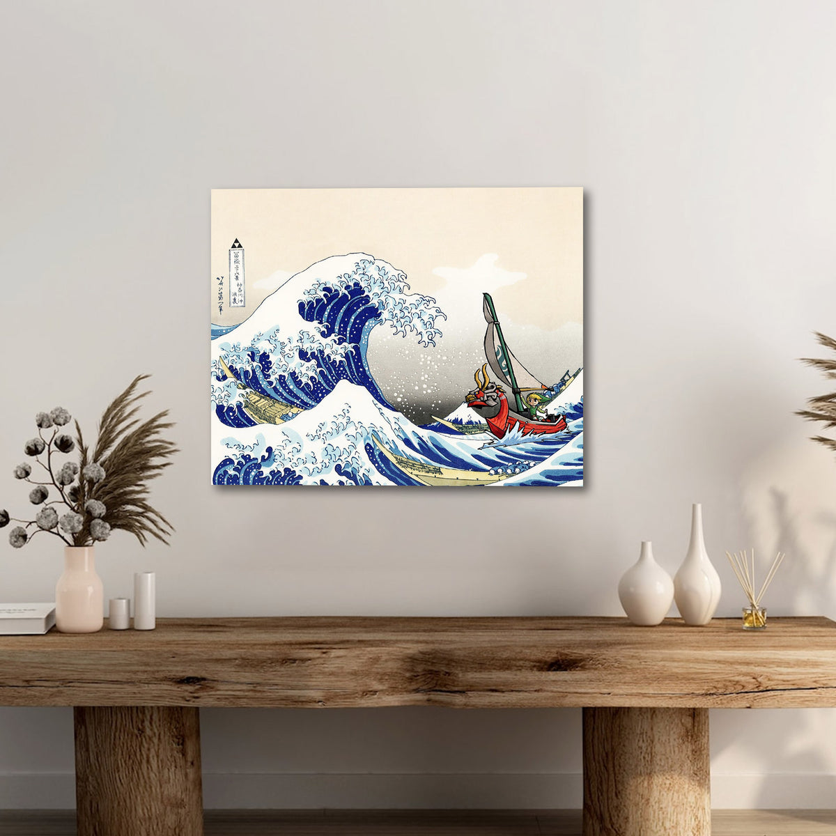 Japanese Wave Print with Fantasy Sailing Characters Great Wave Adventure Wall Art