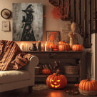 Floral Witch and Black Cat Halloween Canvas Wall Art