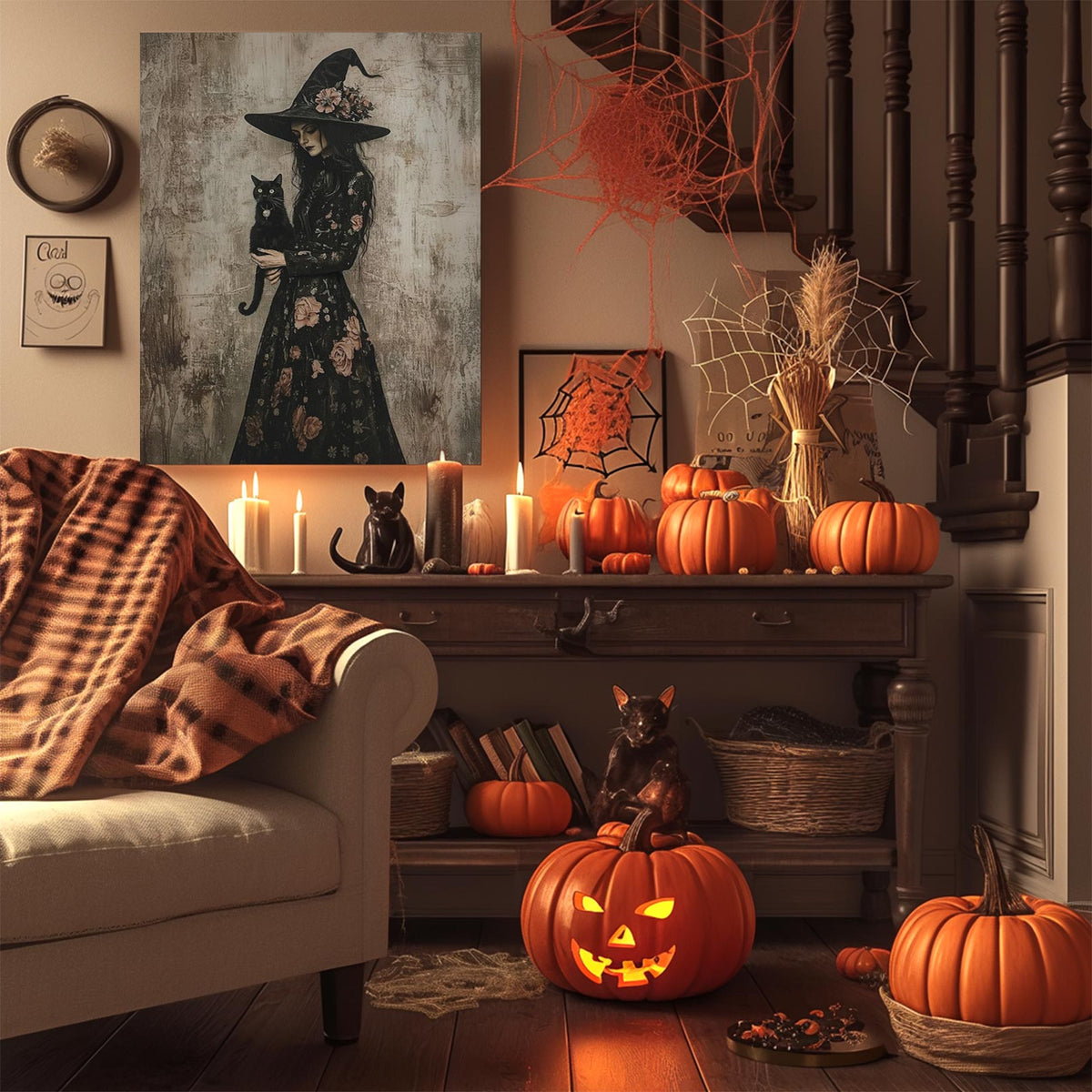 Floral Witch and Black Cat Halloween Canvas Wall Art