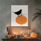 Halloween Minimalist Crow on Pumpkin Illustration and Pumpkin Wall Art