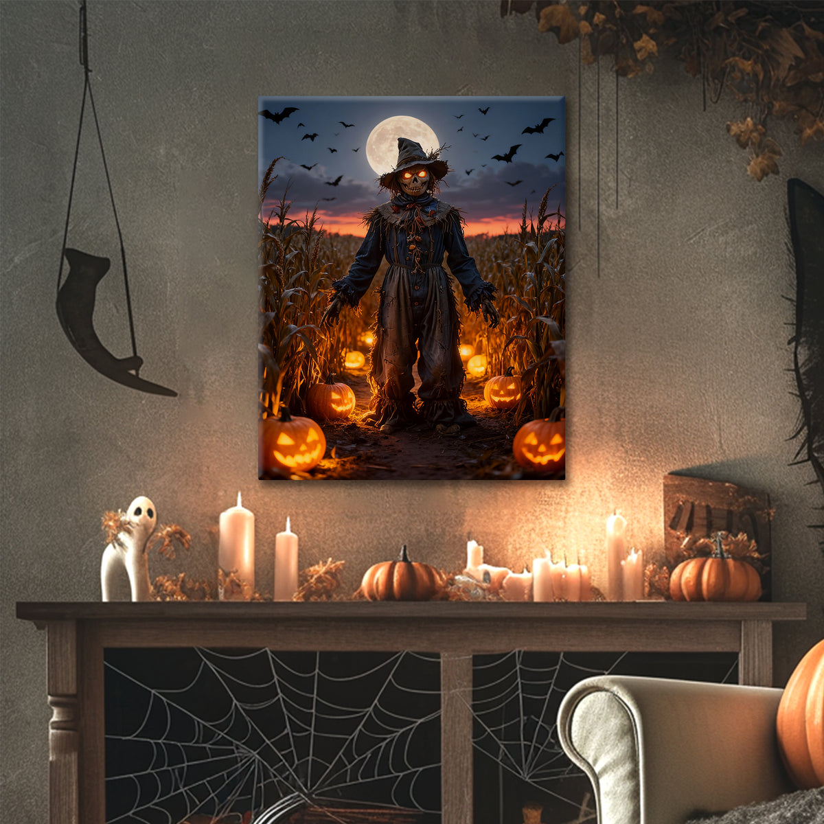 Moonlit Pumpkin Field Scarecrow Halloween Canvas Wall Art