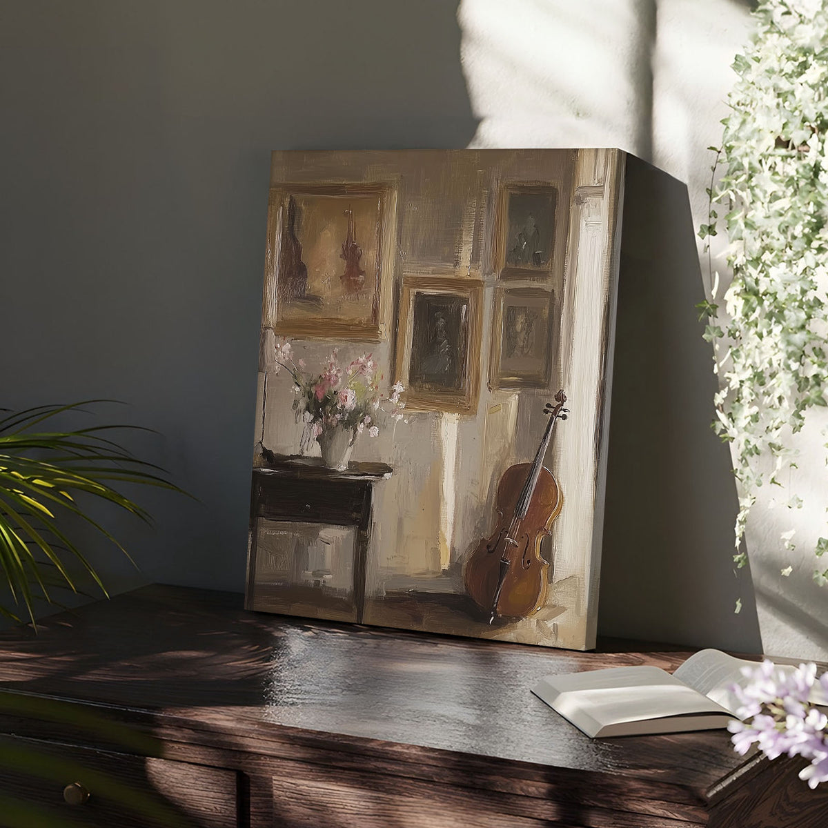 Vintage Violin and Gallery Moody Classical Interior Still Life Painting Wall Art