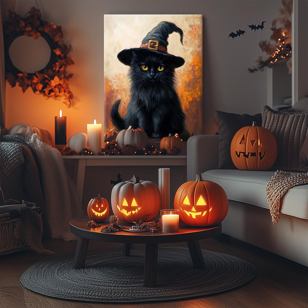 Witch Hat Black Cat Halloween Wall Art