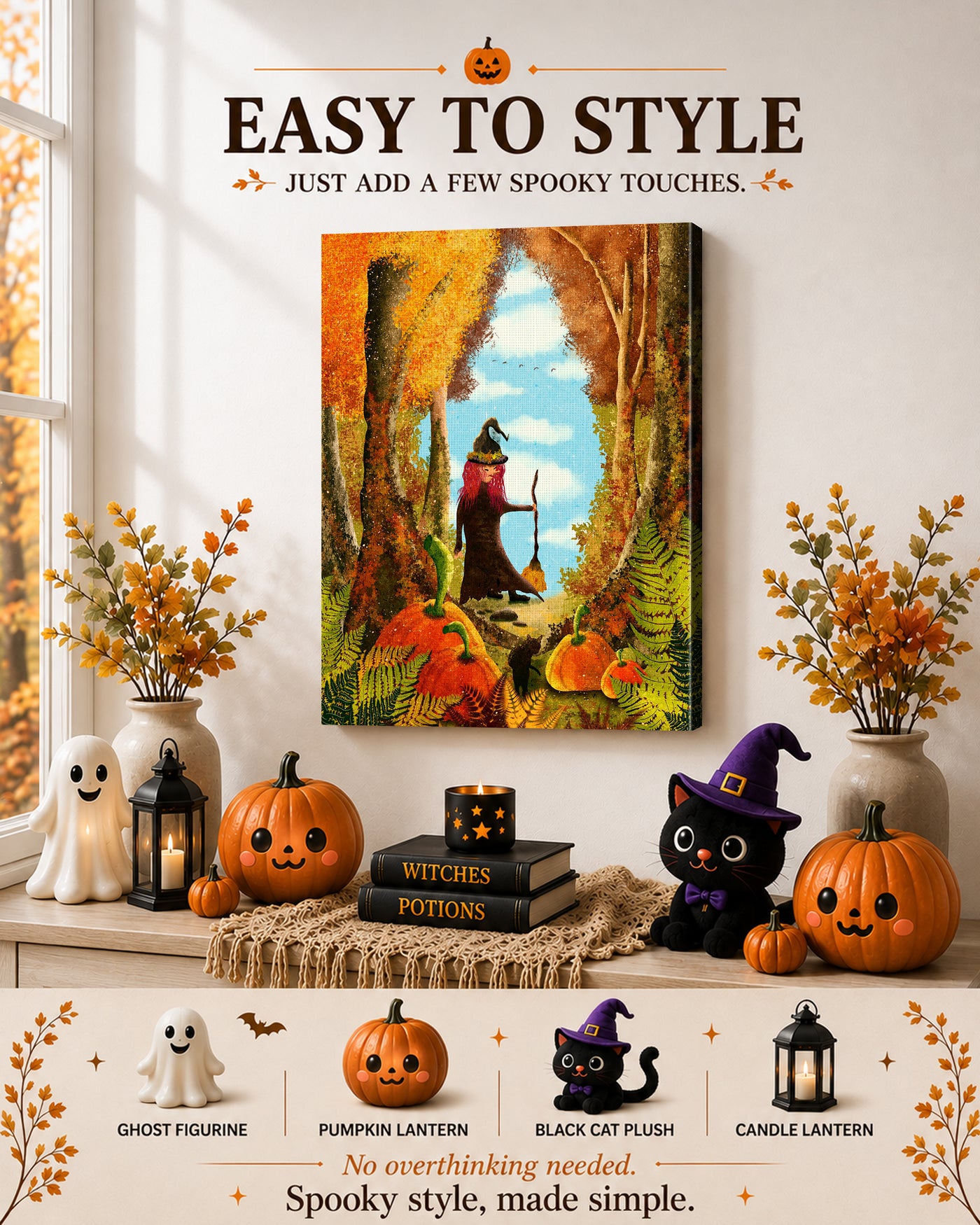 Little Witch’s Pumpkin Forest Adventure Halloween Canvas Wall Art