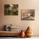 Snowy Winter Village by the River Impressionist Snowy Countryside Landscape Painting Wall Art