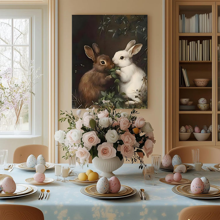 Easter Rabbits Canvas Wall Art, Adorable Hares Eating Leaves Oil Painting Home Decor, Nature-Inspired Wall Decor Stunning Lovable Bunny Canvas Prints for Living Room