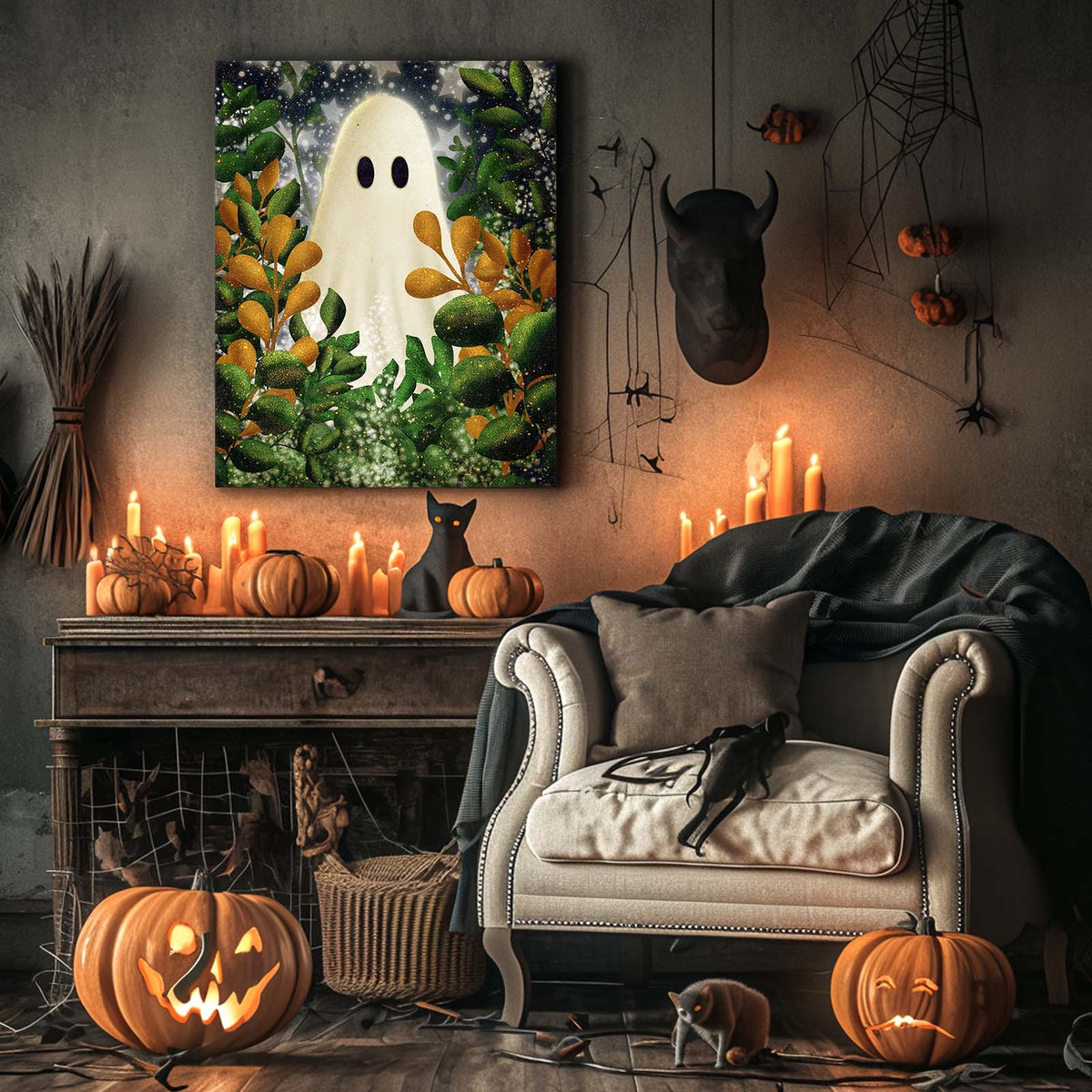 Cute Ghost Among Autumn Foliage Illustration Halloween Wall Art