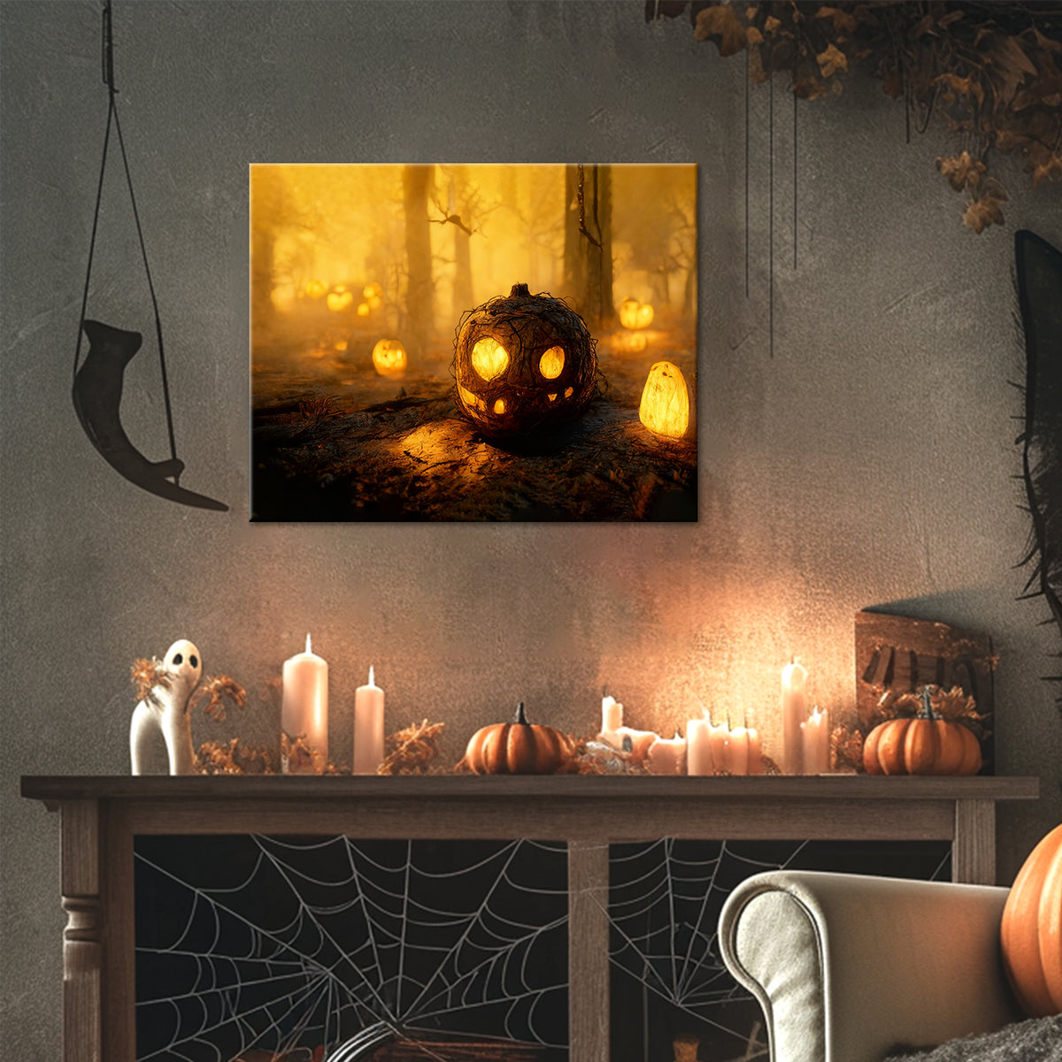 Pumpkin Lanterns in the Enchanted Forest Halloween Canvas Wall Art