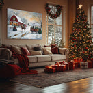 Christmas Tree Farm Canvas Wall Art, Snowy Rustic Farmhouse Landscape with Horse Cart Holiday Decor