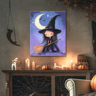 Little Witch Under the Crescent Moon Halloween Canvas Wall Art