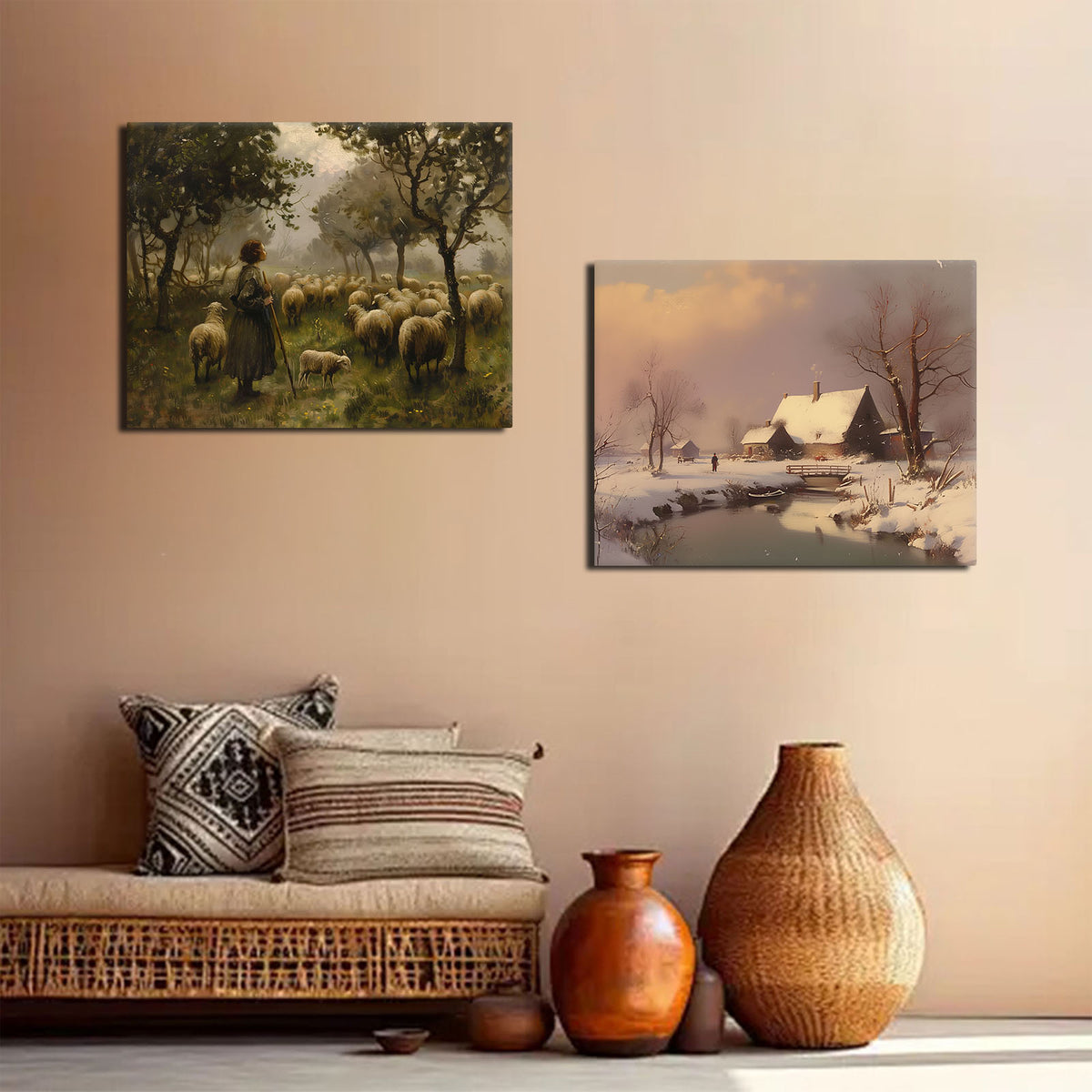 Atmospheric Pastoral Landscape Painting Shepherd and Sheep in the Misty Meadow Wall Art