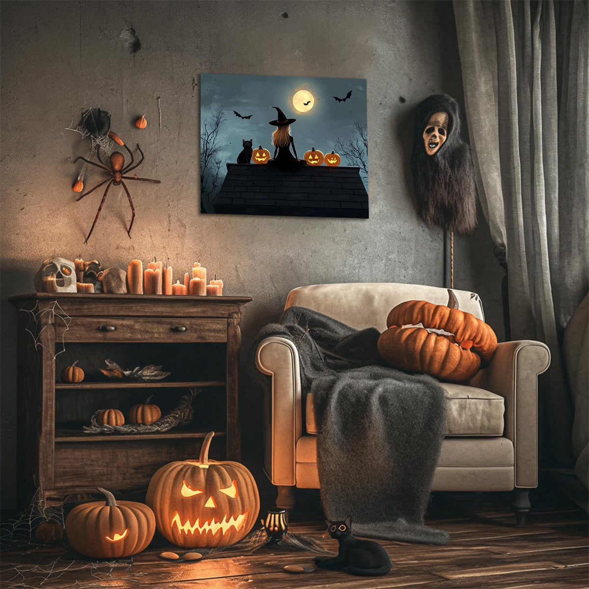 Witch, Black Cat and Pumpkins Halloween Wall Art