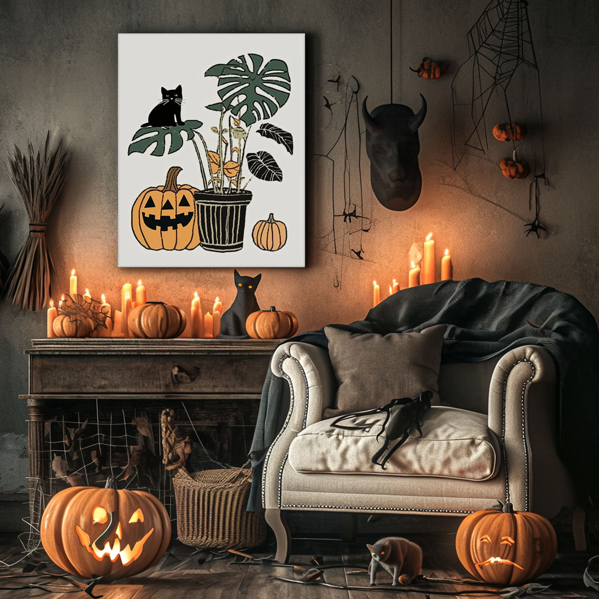 Halloween Black Cats, Ghosts and Pumpkins Illustration Wall Art