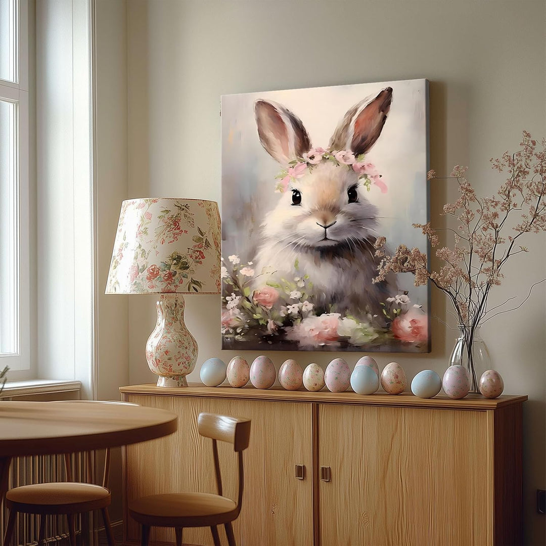 Floral Easter Bunny Canvas Wall Art, Bunny and Flowers Farmhouse Decor Cozy Easter Print Painting Spring Aesthetic Artwork, Holiday Gift Bedroom Living Room Decoration