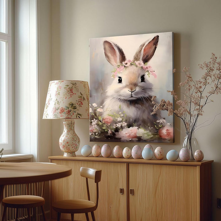 Floral Easter Bunny Canvas Wall Art, Bunny and Flowers Farmhouse Decor Cozy Easter Print Painting Spring Aesthetic Artwork, Holiday Gift Bedroom Living Room Decoration