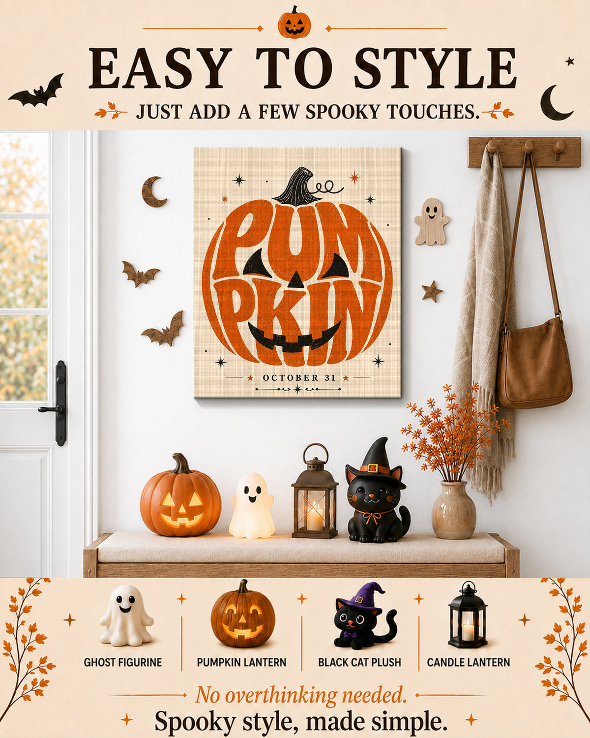 Retro Autumn Pumpkin Typography Halloween Canvas Wall Art
