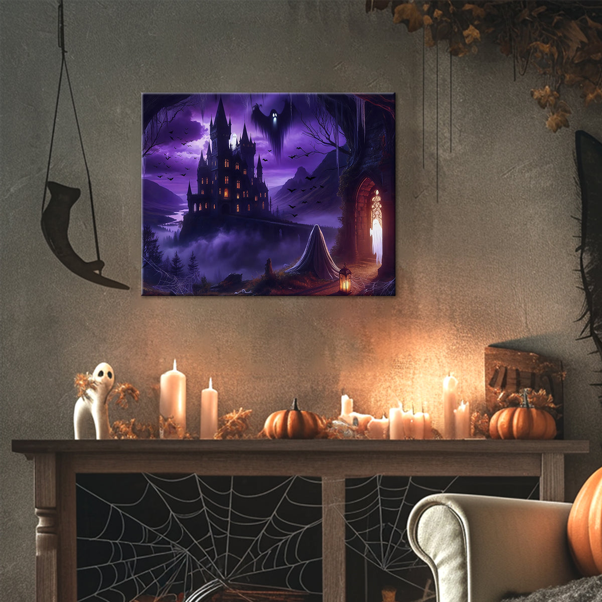 Purple Castle of Shadows Halloween Canvas Wall Art