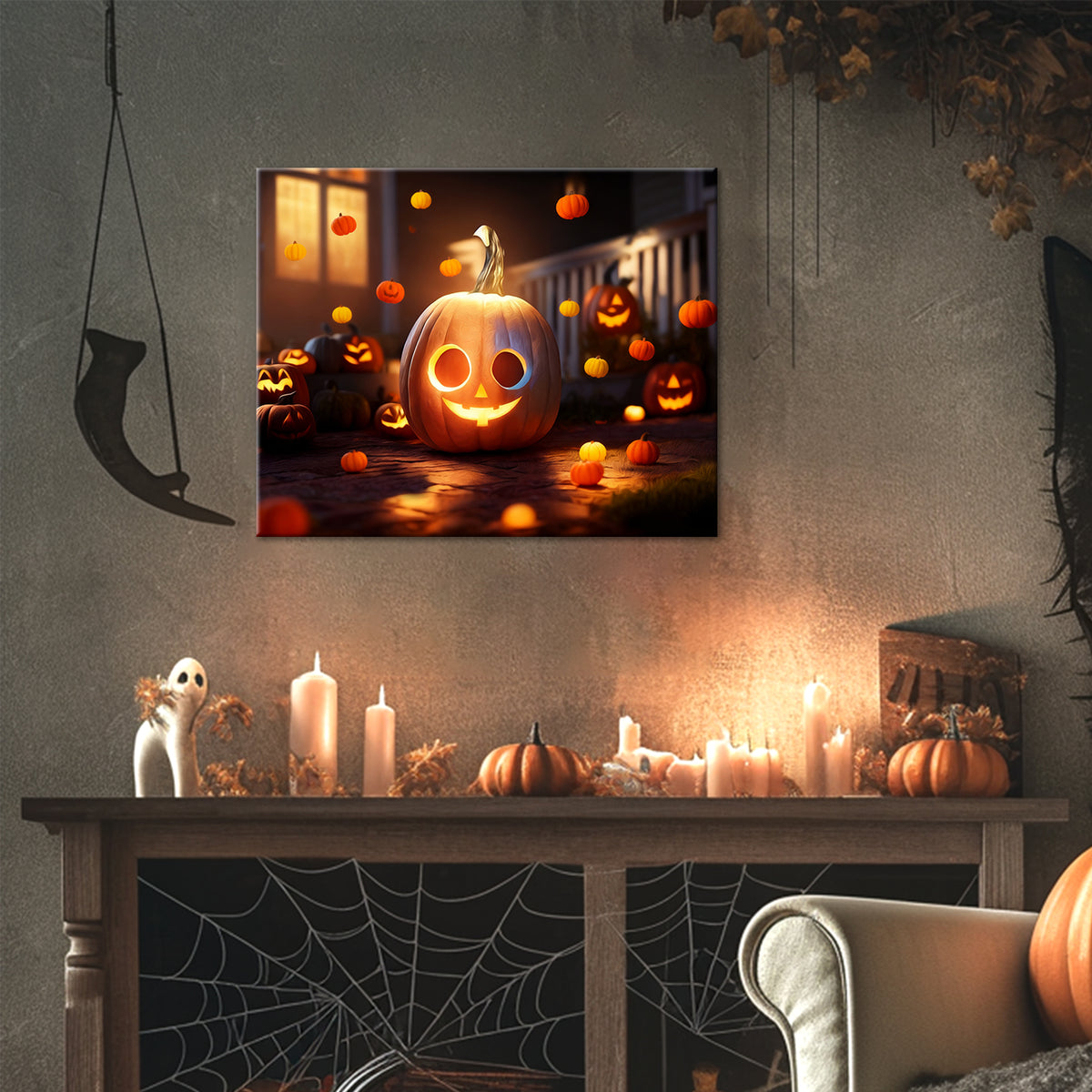 Ghostly Pumpkin Porch Halloween Canvas Wall Art