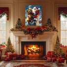 Santa Claus with Teddy Bear Christmas Canvas Wall Art, Santa Delivering Gifts on a Snowy Rooftop Holiday Decor