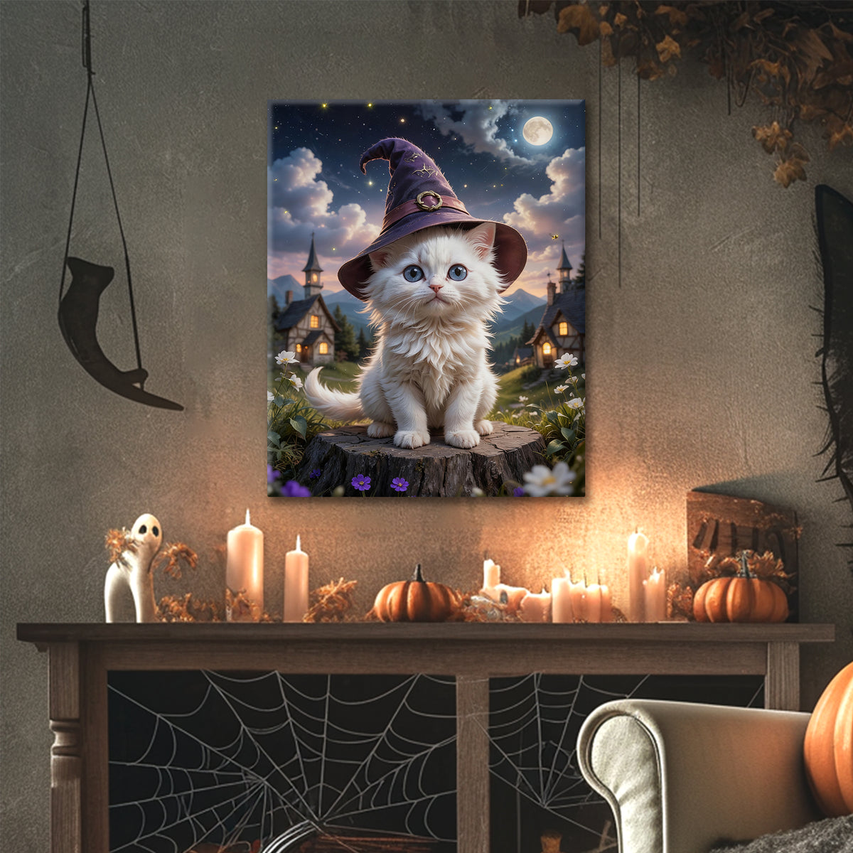 Cute Witch Cat Halloween Canvas Wall Art