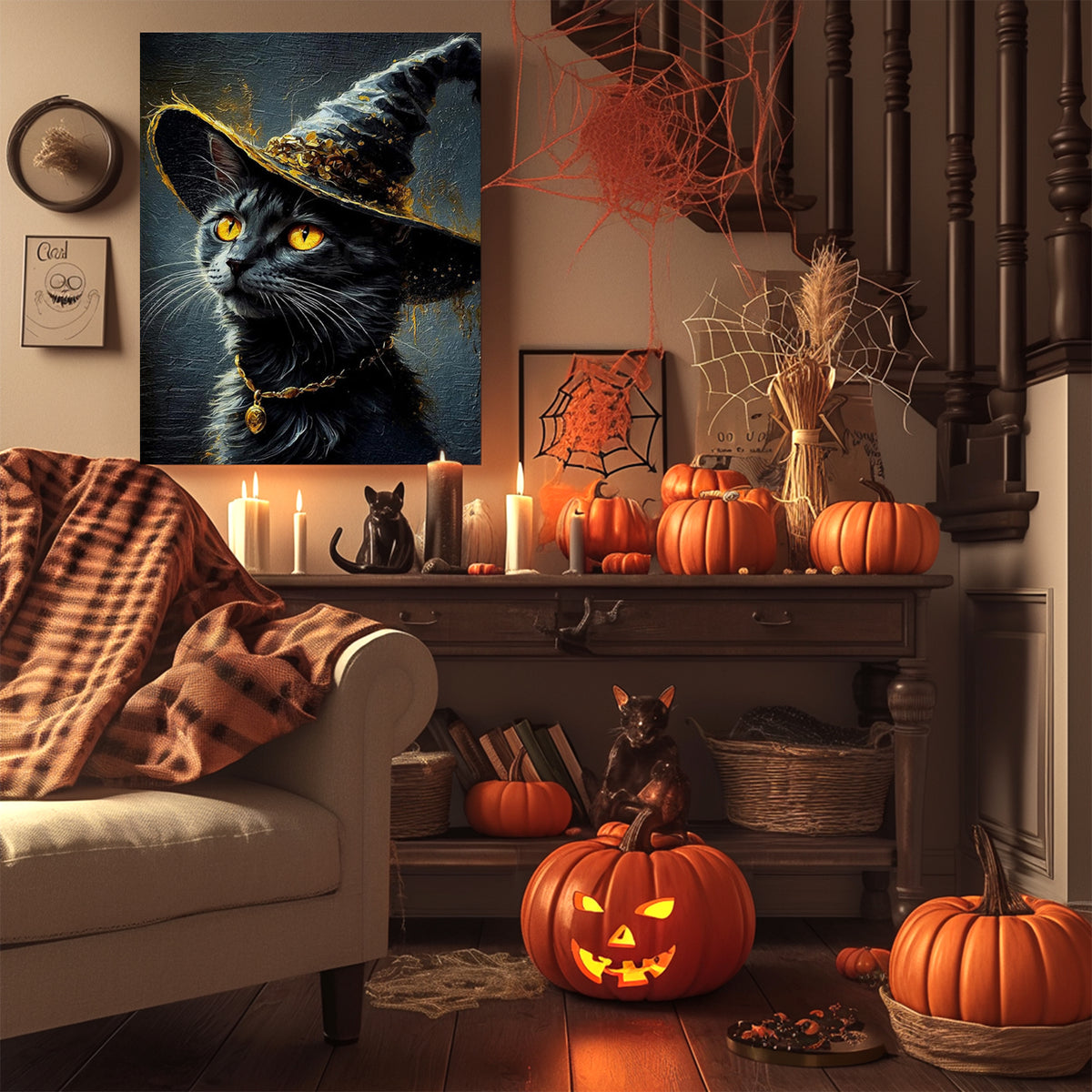 Bewitched Black Cat Halloween Canvas Wall Art