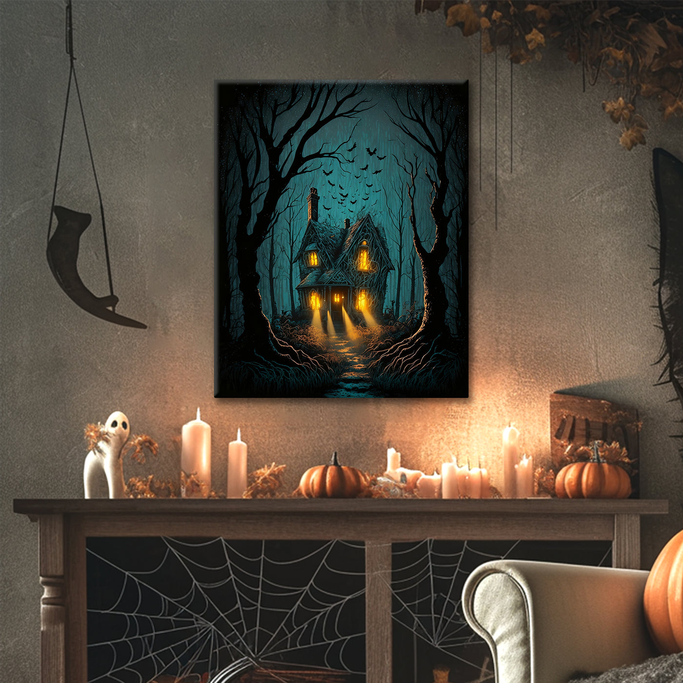 Enchanted Forest Haunted Cottage Halloween Canvas Wall Art