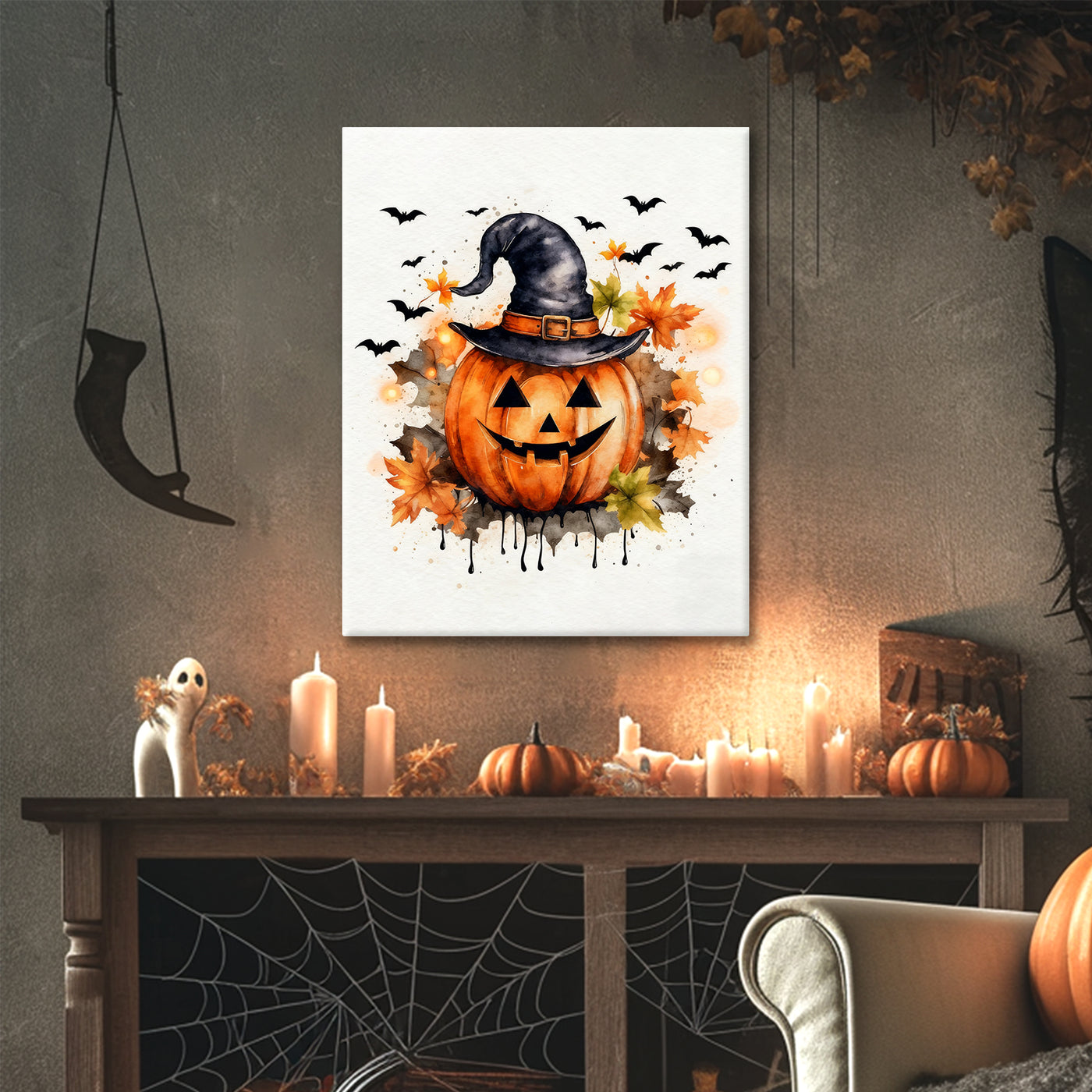Watercolor Witch Hat Pumpkin Halloween Canvas Wall Art