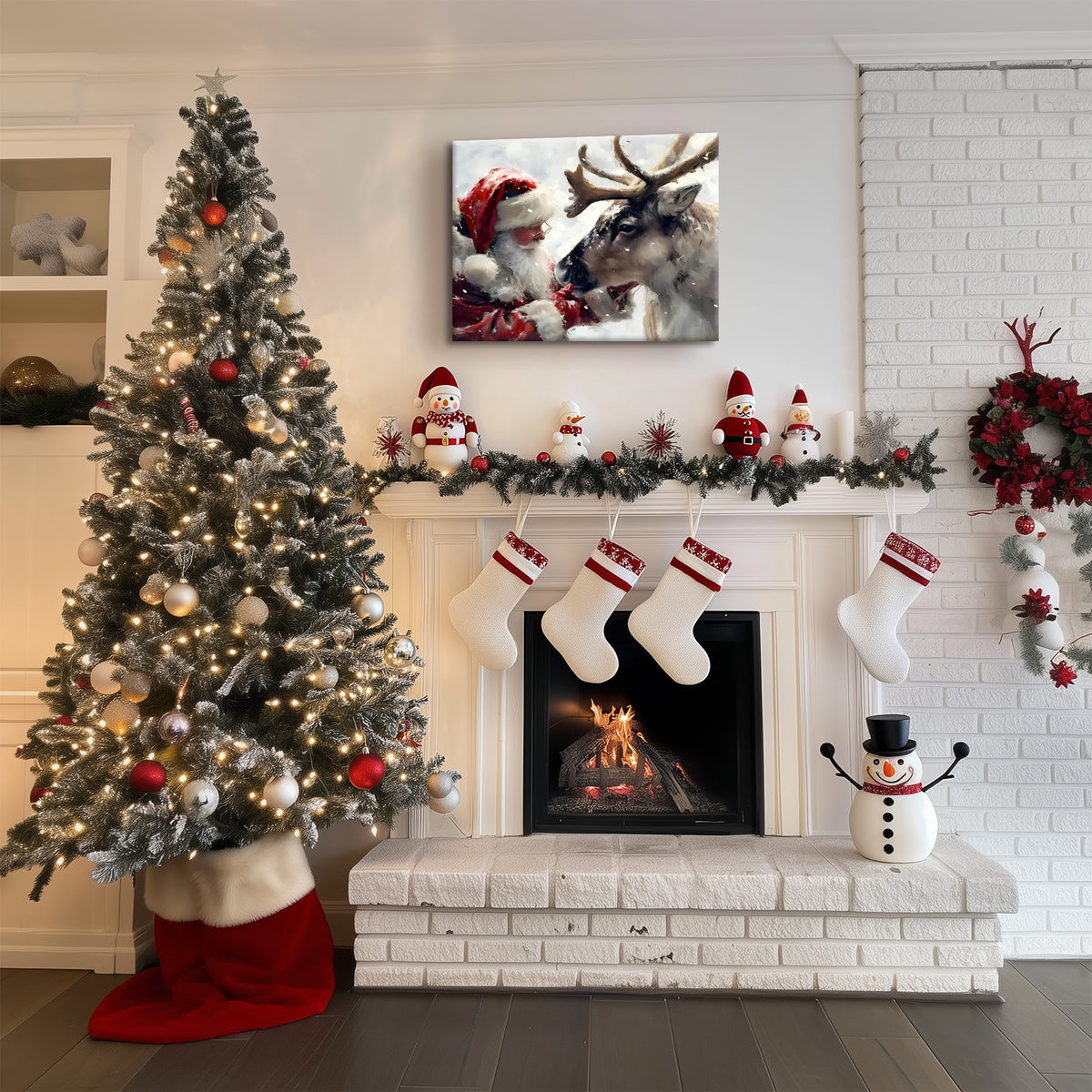 Santa Claus and Reindeer Christmas Canvas Wall Art, Winter Wonderland Holiday Wall Decor for Living Room, Bedroom and Entryway