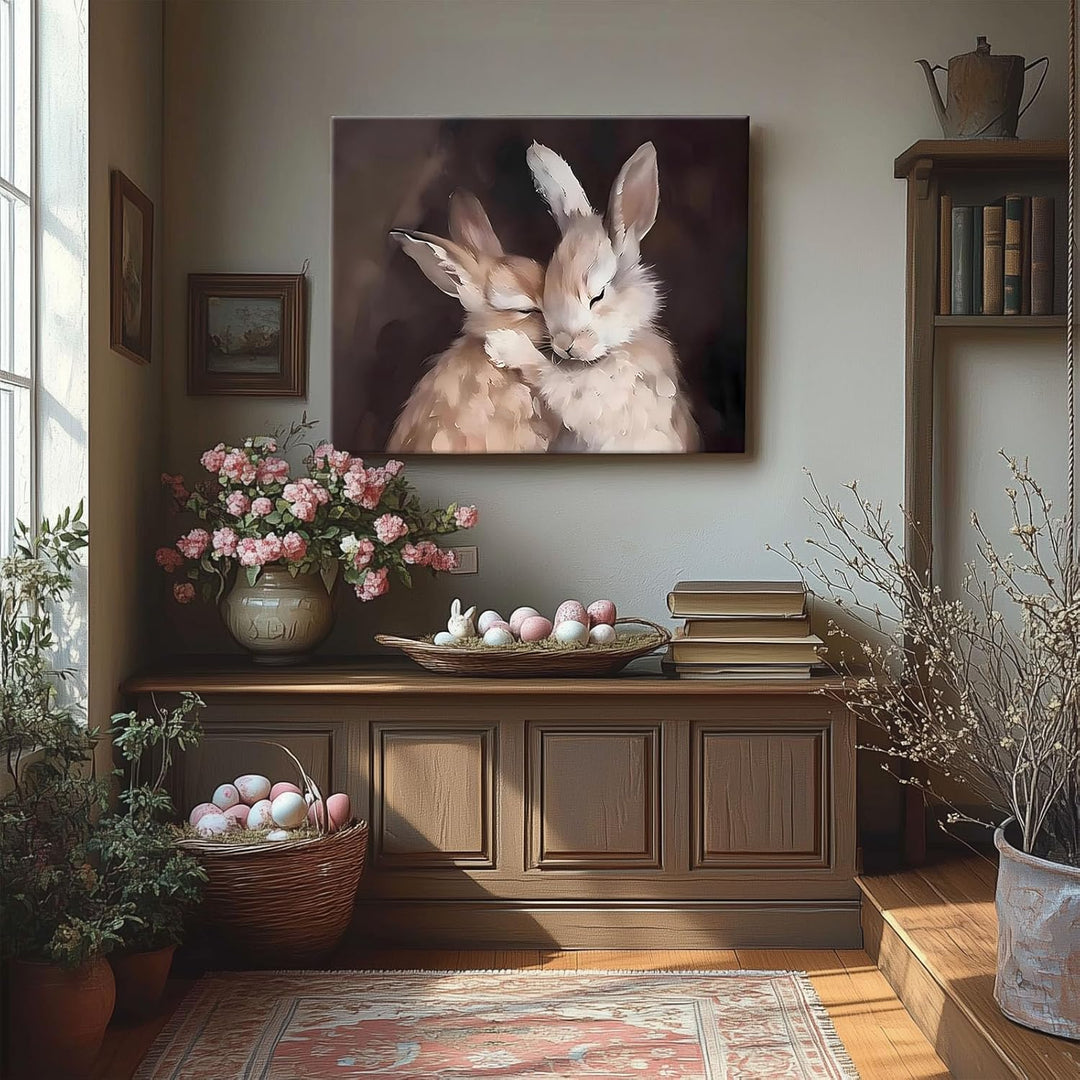 Rustic Easter Bunny Canvas Wall Art, 2 Rabbits Farmhouse Home Decor Print Painting Artwork, Modern Easter Charm Holiday Gift Nursery Living Room Bedroom Decoration
