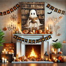 Cute Ghost Reading in the Library Whimsical Halloween Storybook Illustration Wall Art