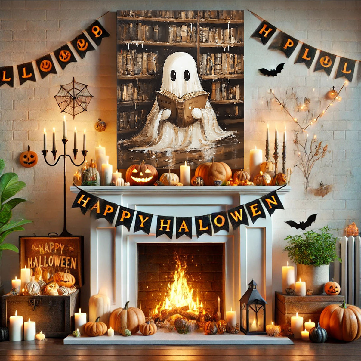 Cute Ghost Reading in the Library Whimsical Halloween Storybook Illustration Wall Art