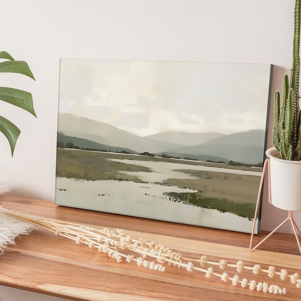 Misty Mountain Lake Minimalist Soft-Tone Landscape Painting Wall Art