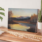 Mountain Lake at Autumn Sunset Serene Rustic Landscape Painting Wall Art