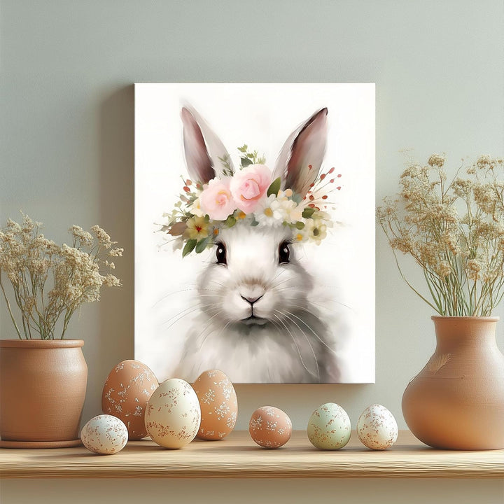 Easter Bunny Canvas Wall Art, Floral Bunny Farmhouse Decor Print Oil Painting Spring Aesthetic Artwork, Rustic Easter Charm Holiday Gift Bedroom Living Room Decoration