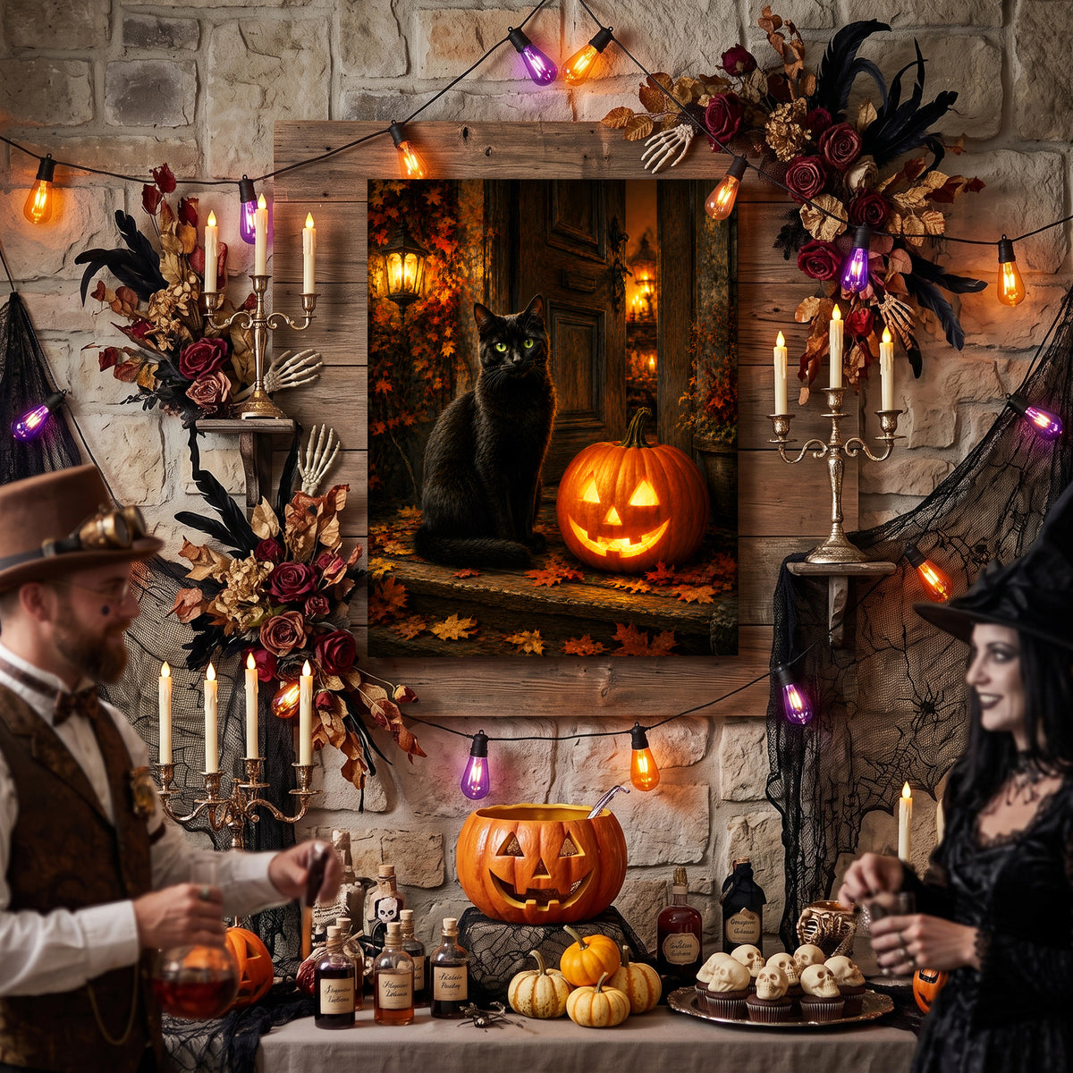 Black Cat and Pumpkin Halloween Canvas Wall Art, Gothic Fall Decor for Living Room, Bedroom and Entryway
