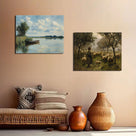 Impressionist Lakeside Landscape Painting Peaceful Lake and Rowboat Wall Art