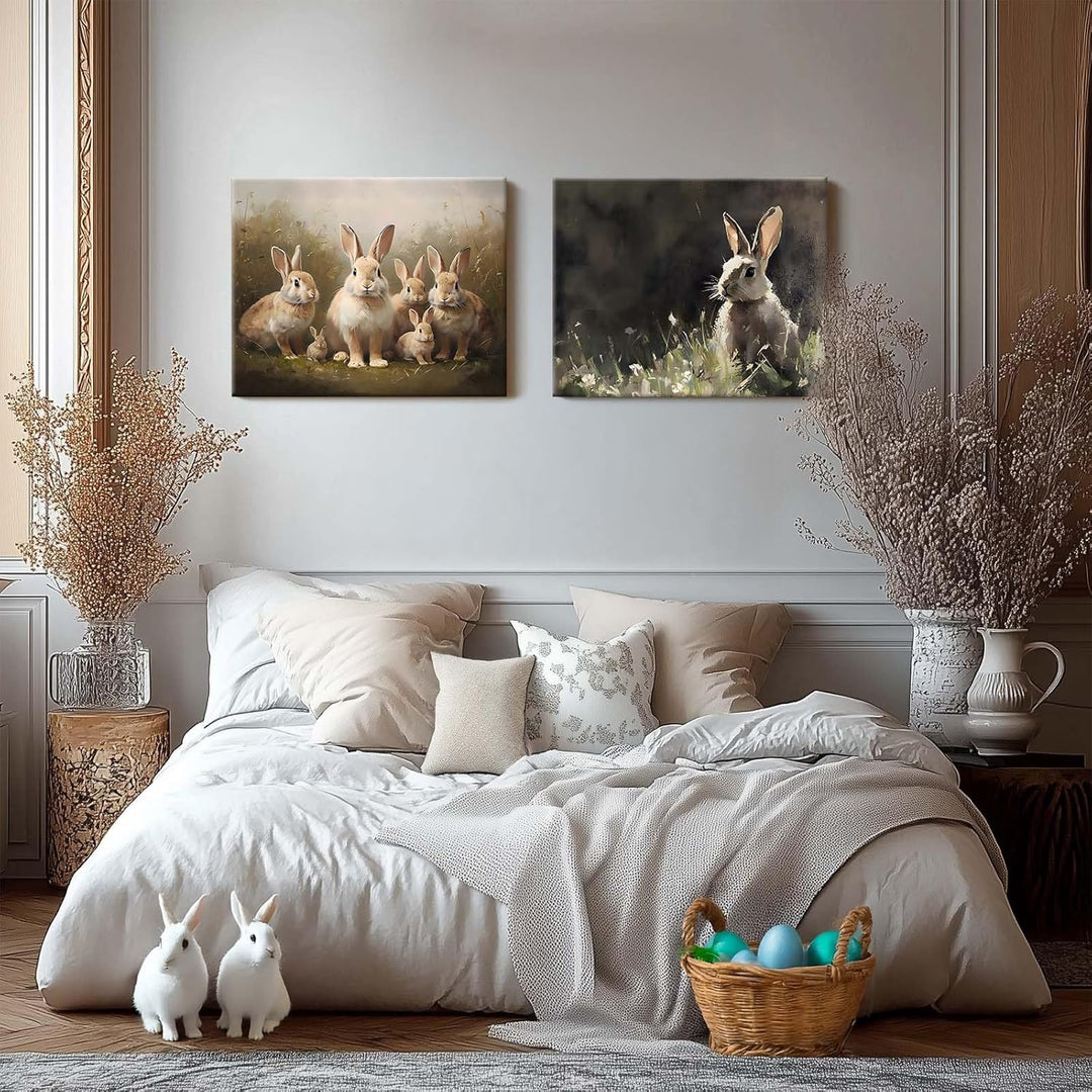 Easter Grassland Rabbits Canvas Wall Art Adorable Hares Oil Painting Home Decor, Nature-Inspired Wall Decor Stunning Lovable Bunny Canvas Prints
