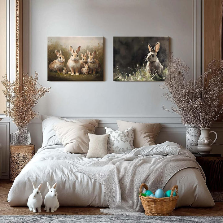 Easter Grassland Rabbits Canvas Wall Art Adorable Hares Oil Painting Home Decor, Nature-Inspired Wall Decor Stunning Lovable Bunny Canvas Prints