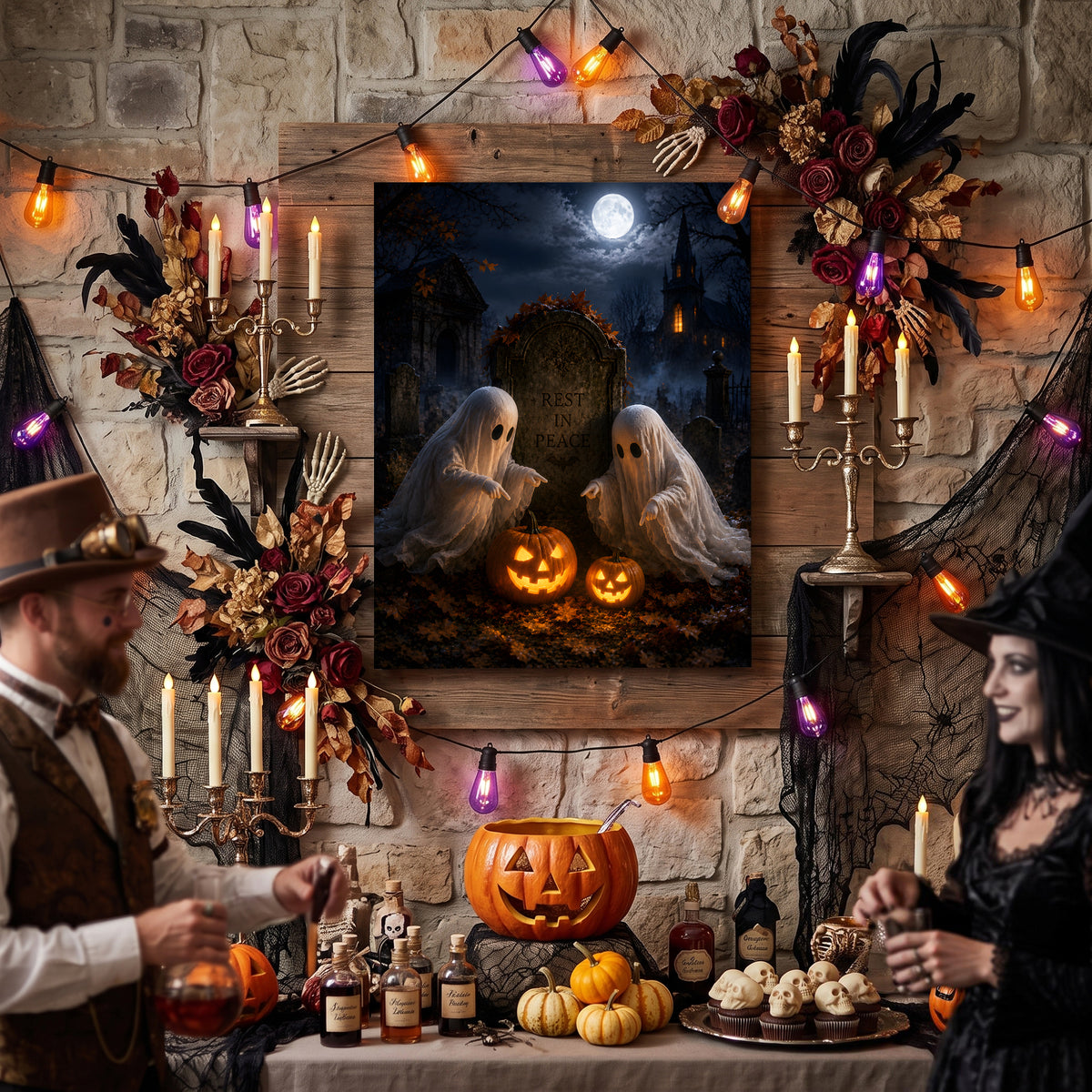 Cute Ghost and Pumpkin Halloween Canvas Wall Art, Whimsical Gothic Fall Decor for Home, Bedroom and Kids’ Room