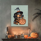 Halloween Dog and Pumpkin Cute Rottweiler Witch Hat Halloween Illustration Wall Art
