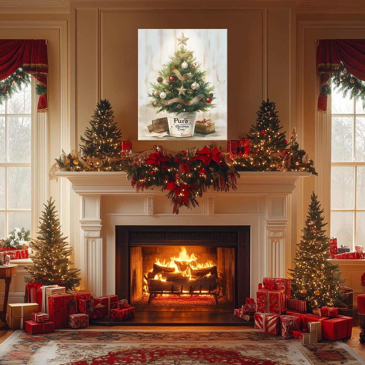 Small Christmas Tree Canvas Wall Art, Rustic Potted Christmas Tree with Ornaments and Gifts Holiday Decor