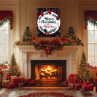 Merry Christmas Happy New Year Canvas Wall Art, Rustic Plaid Holiday Sign with Christmas Wreath and Mittens