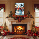 Cute Snowman Christmas Canvas Wall Art, Snowy Holiday House with Wreath and Lantern Decor