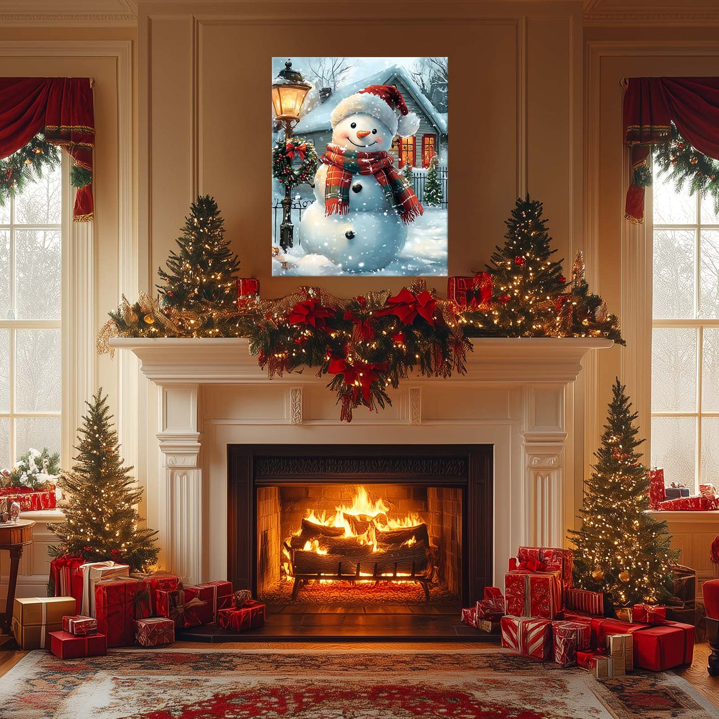 Cute Snowman Christmas Canvas Wall Art, Snowy Holiday House with Wreath and Lantern Decor