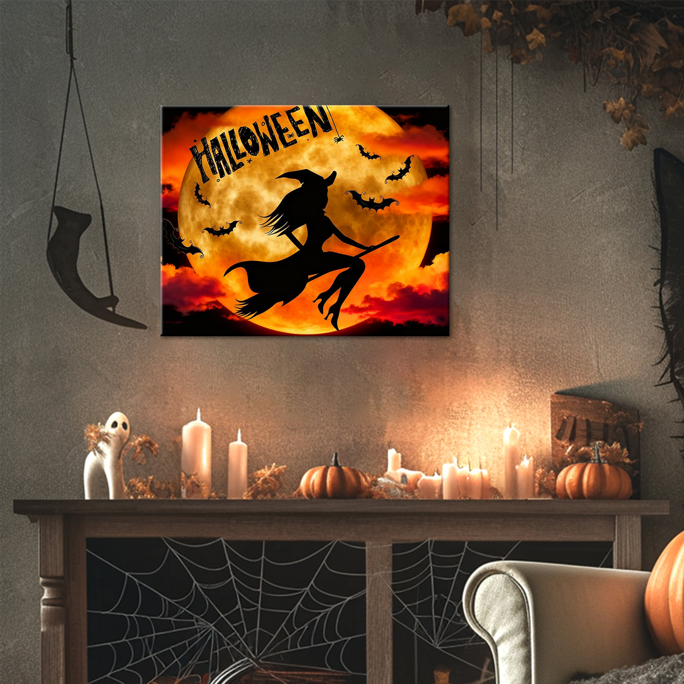Witch’s Flight Under the Halloween Moon Canvas Wall Art